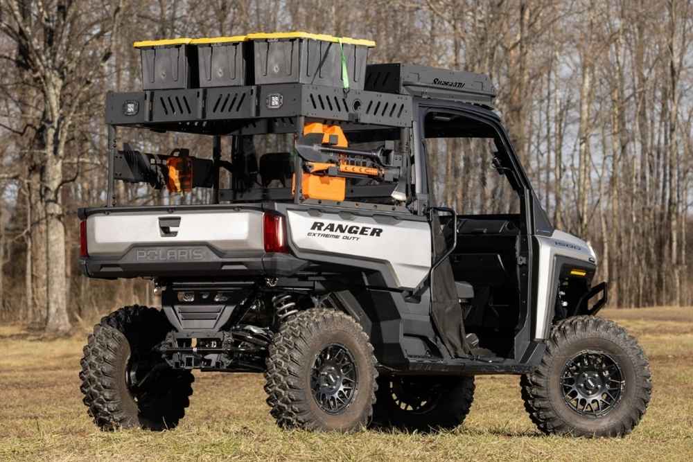 Polaris Ranger Extreme Duty UTV equipped with tool rack and storage bins serving outdoor work and adventure-